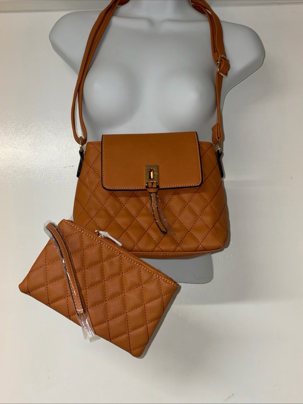 Quilted Crossbody Bag with Matching Wristlet - Camel